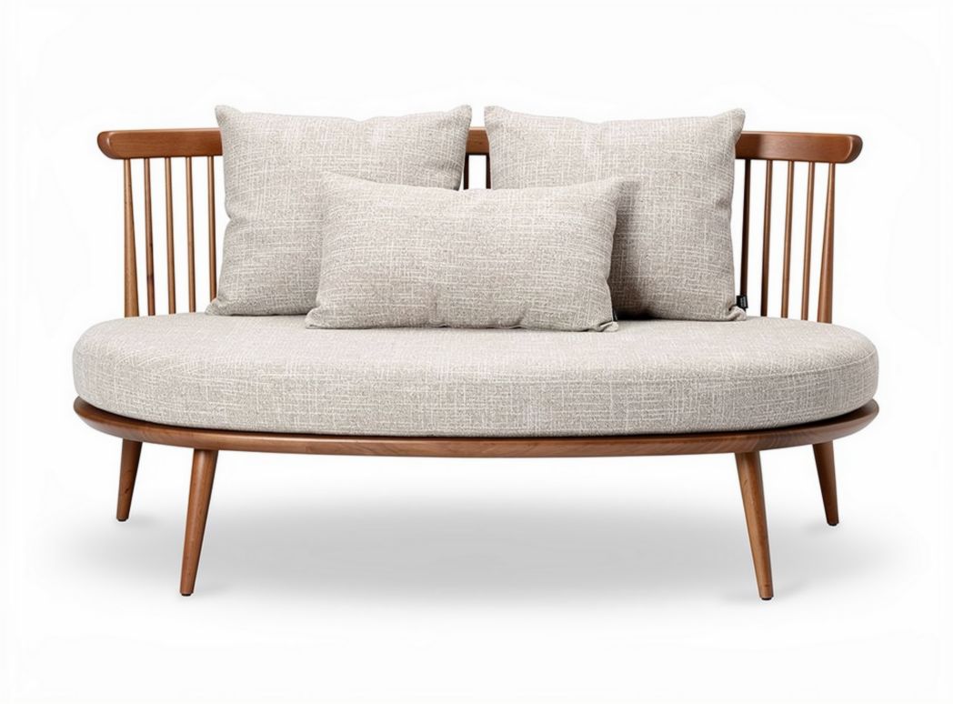 Mid-century modern curved sofa with wooden frame and three cushions