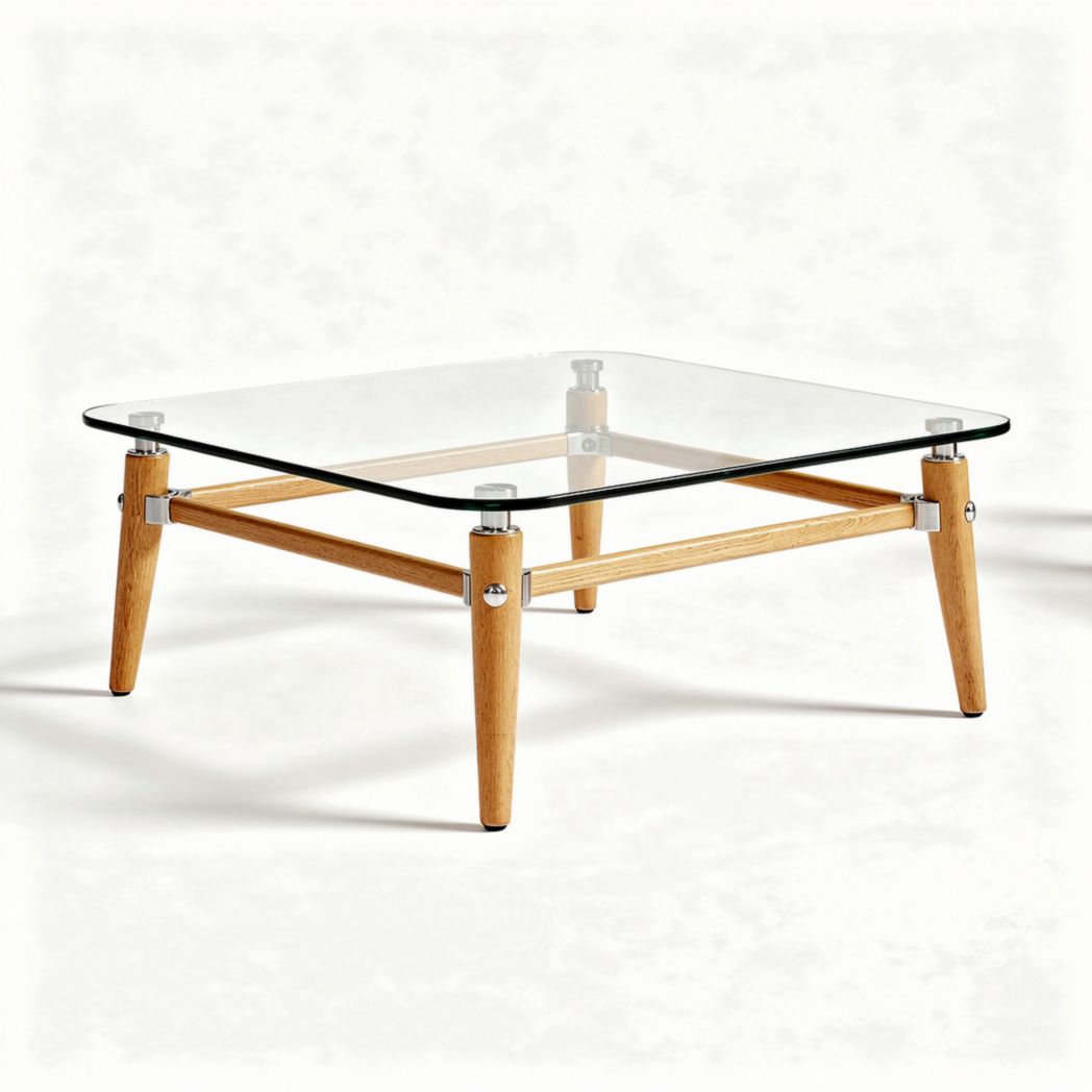 Glass coffee table with wooden legs 80 x 80 x 40cm for modern living spaces