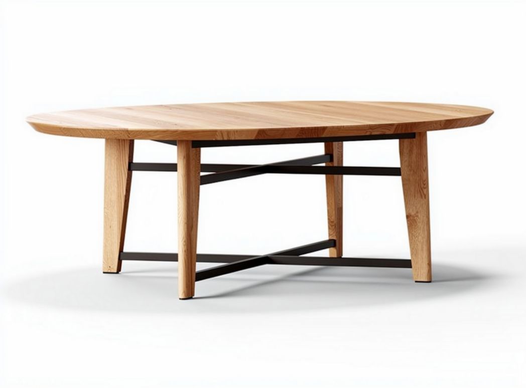 Round wooden coffee table with metal cross support 120 x 80 x 75cm