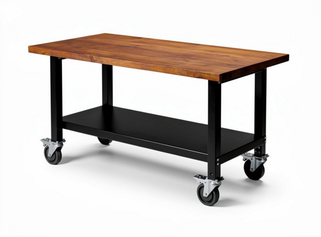 Wooden work table with black metal frame and casters 120 x 60 x 75cm