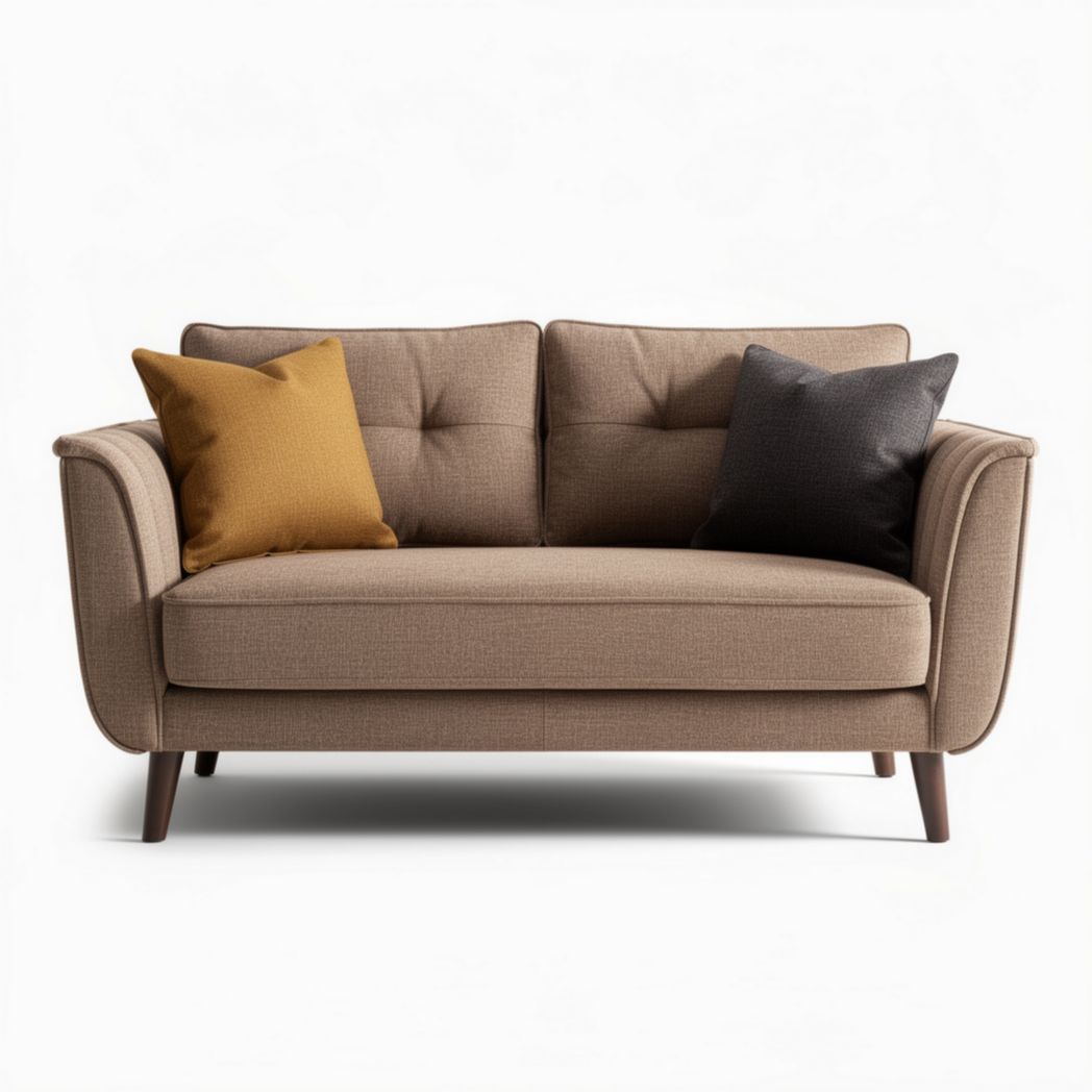 Two-seater sofa in brown fabric with decorative cushions and wooden legs